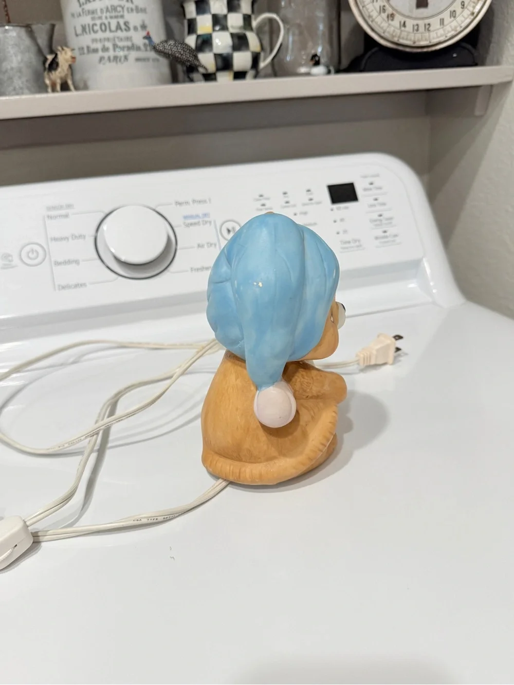 Vintage Porcelain Sleepy Mouse Night Light – Nursery Lamp with Blue Hat
